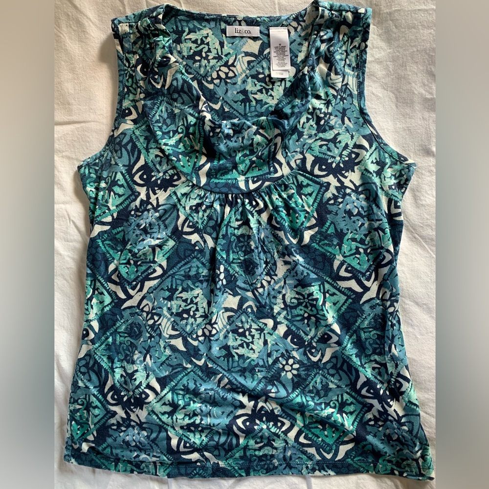 Liz & Co. | M | Turquoise blue pattern sleeveless round cowl neckline